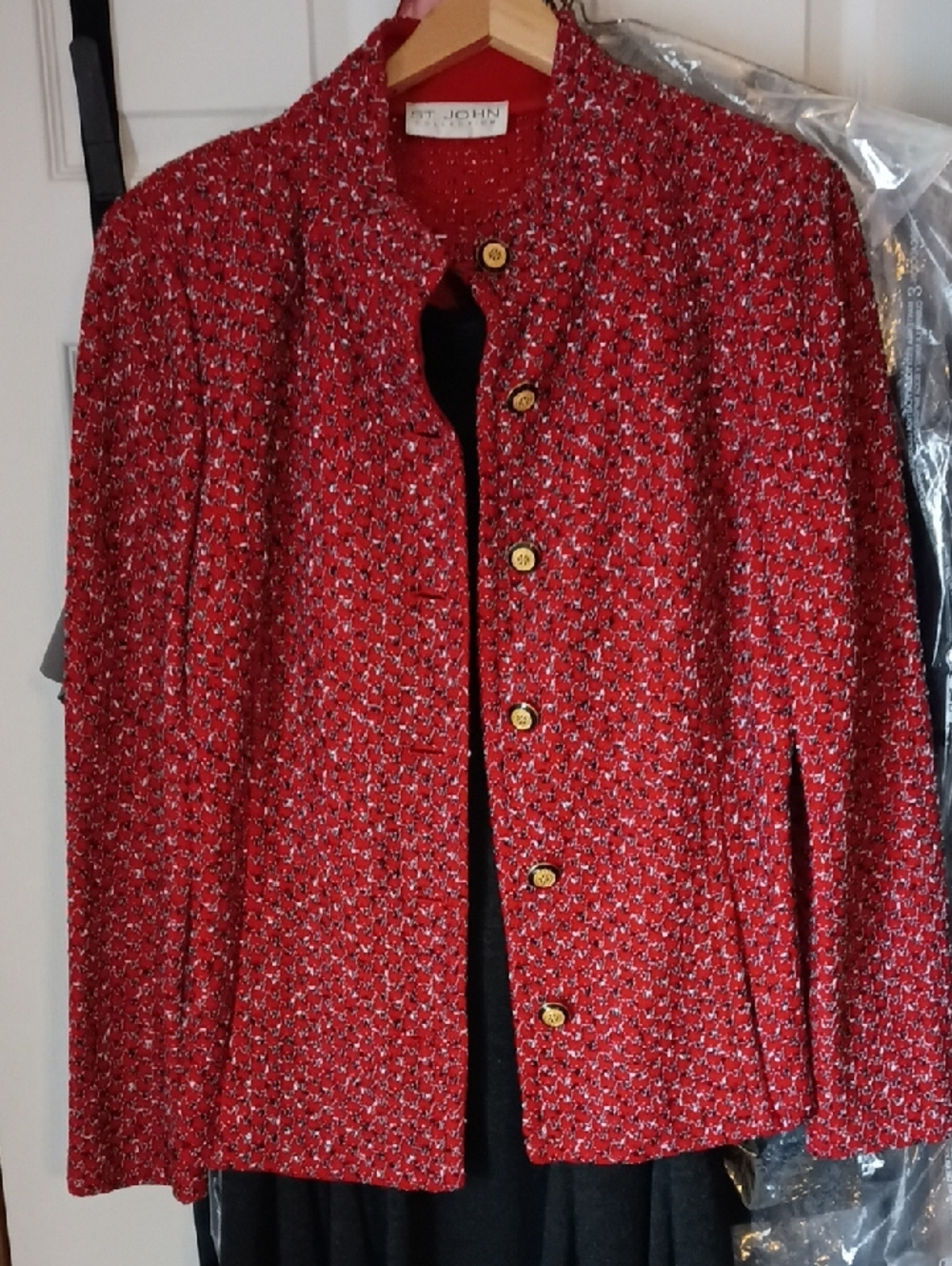 St. John Red Tweed Collarless Button Jacket